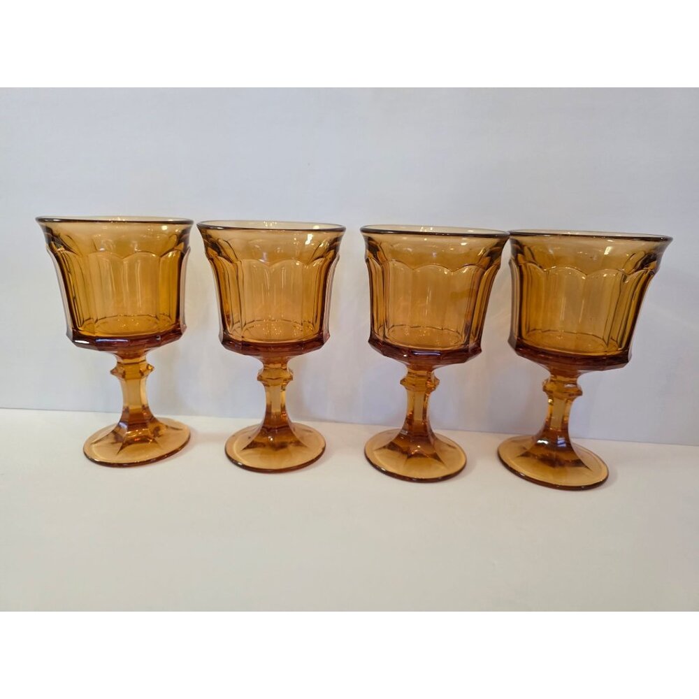 Set Of 4 Vintage Amber Glass Goblets 6.5" Tall